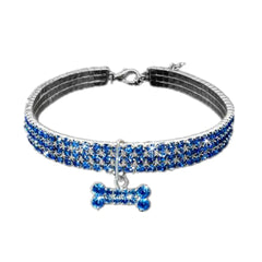 Coleira brilhante com pingente para Pet Azul - Osso / P AC - 08