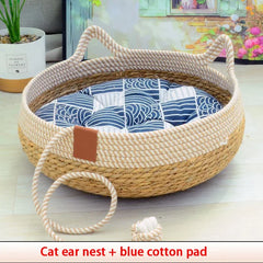 Cama Cesta de Corda Natural para Gatos com Almofada e Travesseiro
