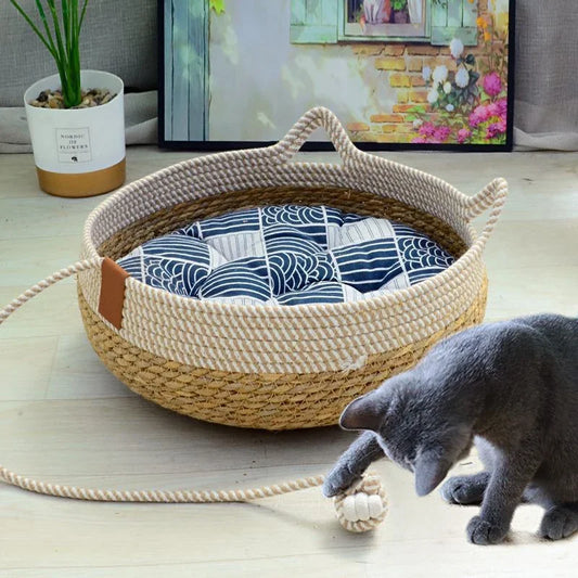 Cama Cesta de Corda Natural para Gatos com Almofada e Travesseiro