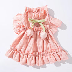 Vestido Rosa de Babados com Laço Frontal e Tecido Leve para Cães Pequenos