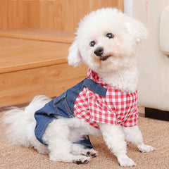 Jardineira Para Cachorro Em Jeans Com Camisa Estilo Xadrez Listrado