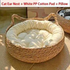 Cama Cesta de Corda Natural para Gatos com Almofada e Travesseiro
