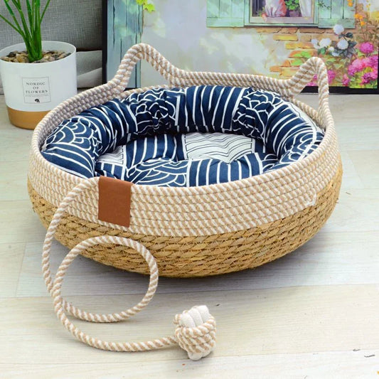 Cama Cesta de Corda Natural para Gatos com Almofada e Travesseiro