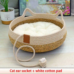 Cama Cesta de Corda Natural para Gatos com Almofada e Travesseiro