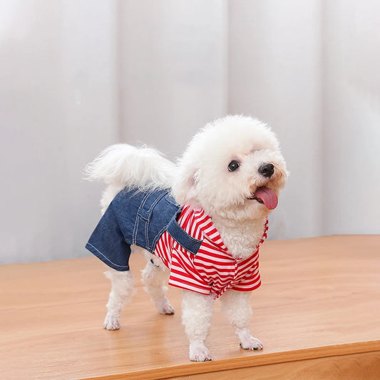 Jardineira Para Cachorro Em Jeans Com Camisa Estilo Xadrez Listrado