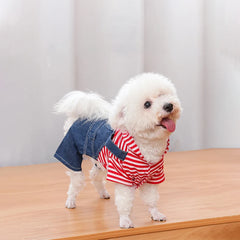Jardineira Para Cachorro Em Jeans Com Camisa Estilo Xadrez Listrado