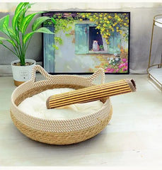 Cama Cesta de Corda Natural para Gatos com Almofada e Travesseiro