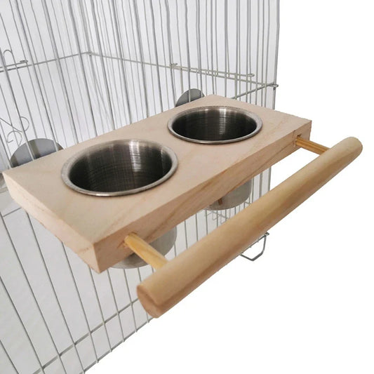 Alimentador Duplo com Poleiro para Pássaros Madeira + Aço P - PASSAROS - 08