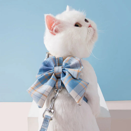 Coleira Para Gato Com Laço Xadrez E Guia Elegante