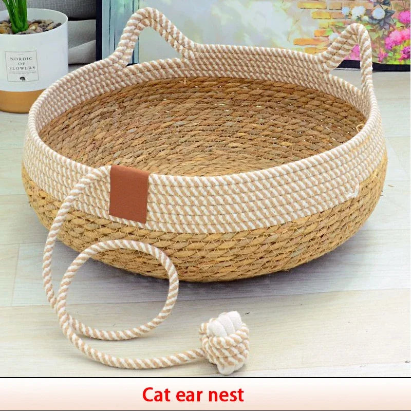Cama Cesta de Corda Natural para Gatos com Almofada e Travesseiro