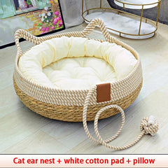 Cama Cesta de Corda Natural para Gatos com Almofada e Travesseiro