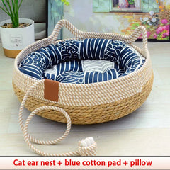 Cama Cesta de Corda Natural para Gatos com Almofada e Travesseiro