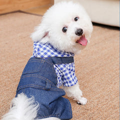 Jardineira Para Cachorro Em Jeans Com Camisa Estilo Xadrez Listrado
