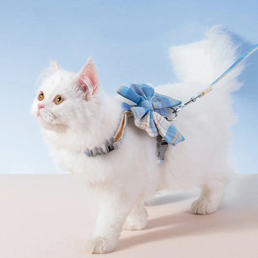 Coleira Para Gato Com Laço Xadrez E Guia Elegante